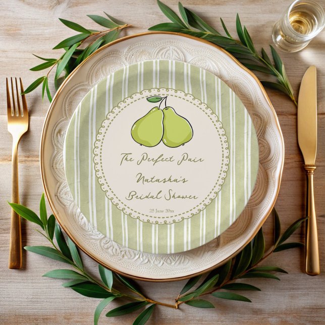Perfektes Paar Salbeigrün gestreifte Birnen Hochze Pappteller (Perfect pair sage retro green stripes pear bridal shower personalized printed paper plates)