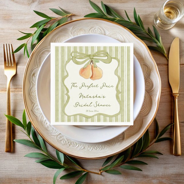 Perfektes Paar Salbeigrün gestreifte Birnen-Jungge Serviette (Perfect pair sage green retro stripes pear bridal shower monogrammed napkins preppy wavy ribbon)