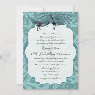Perfektes Pair Sea Blue Damask Peacock Elegante Einladung