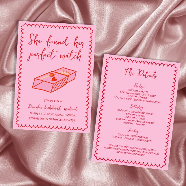 Perfektes passendes handgezeichnetes, rosa Bachelo Einladung (Perfect Match Hand Drawn Pink Bachelorette Weekend Invitation)