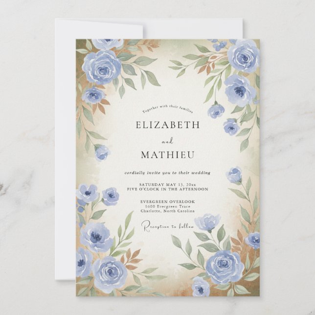 Periwinkle Antike Rosenhochzeit Einladung (Vorderseite)
