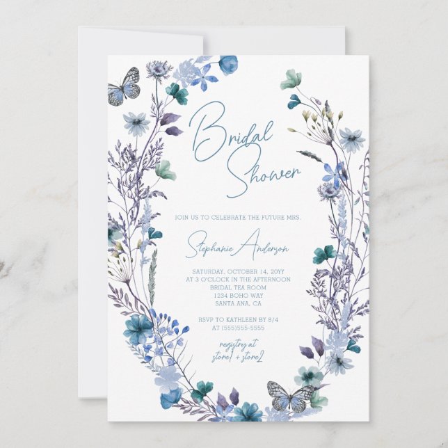 Periwinkle Blue Boho Wildblume Brautparty Einladung (Vorderseite)