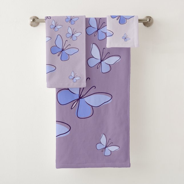 Periwinkle Blue Butterfly Flutter Lavender Grau Badhandtuch Set (Insitu)