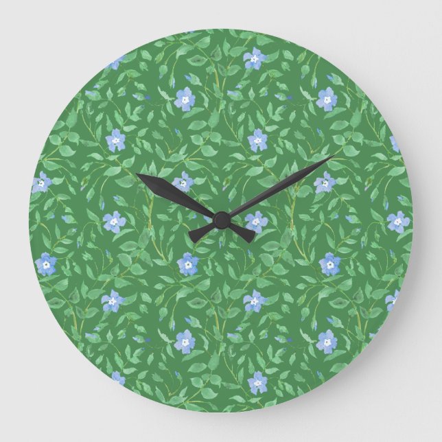 Periwinkle Blue Dark Green Country Stil Floral Große Wanduhr (Vorderseite)