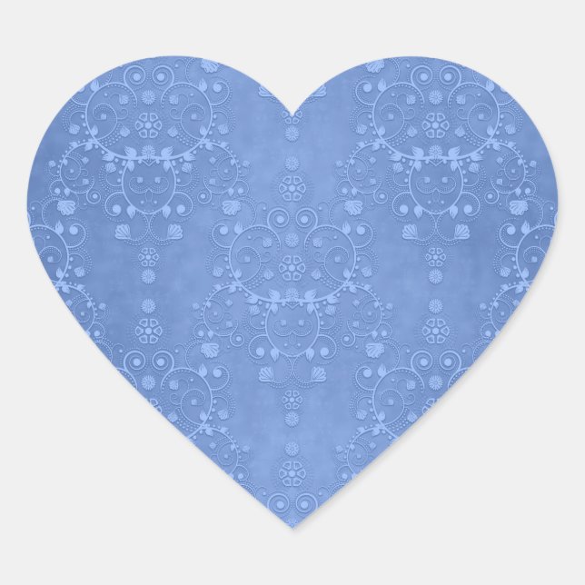 Periwinkle Blue Extravagant Floral Damask Muster Herz-Aufkleber (Vorderseite)