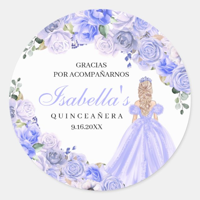 Periwinkle Blue Floral Quinceanera Round Stickers (Vorderseite)