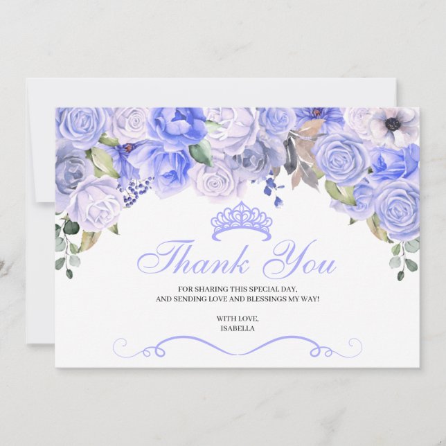 Periwinkle Blue Floral Quinceanera Vielen Dank Dankeskarte (Vorderseite)