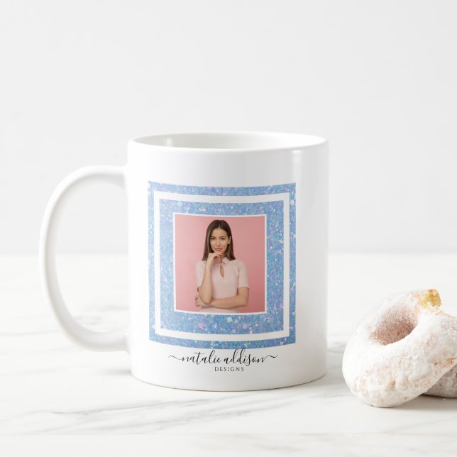 Periwinkle Blue Glitzer Foto & QR Code Kaffee Tass Kaffeetasse (Mit Donut)