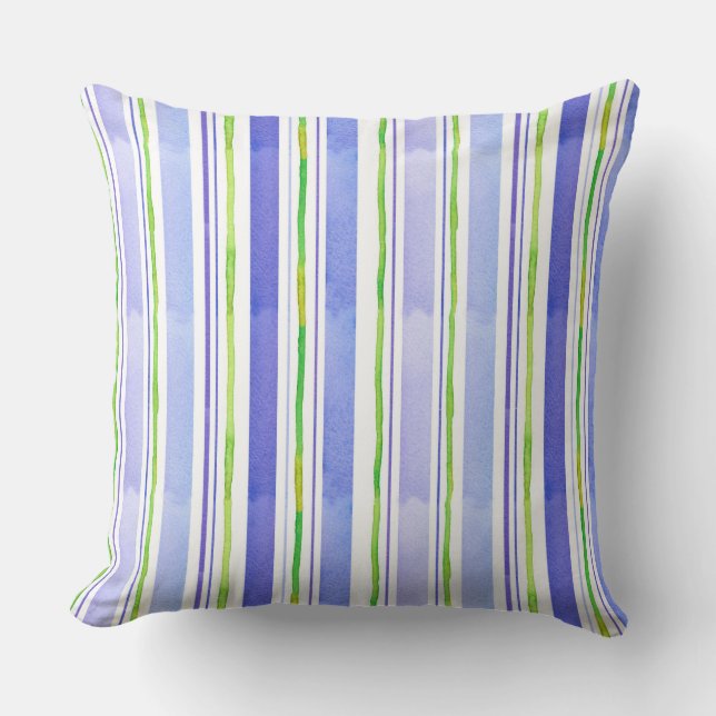 Periwinkle Blue Lime Green Watercolor Strip Kissen (Vorderseite)