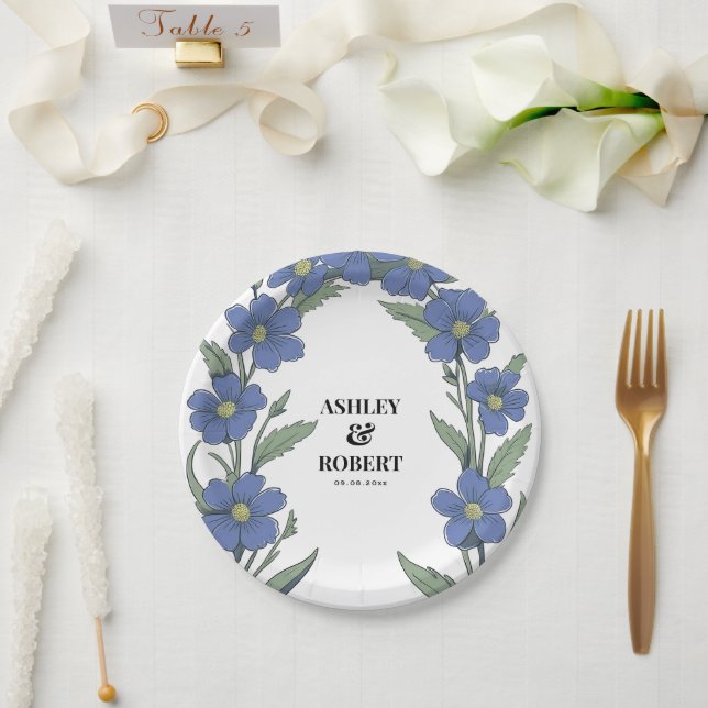 Periwinkle Blue Modern Floral Wedding Pappteller (Hochzeit)