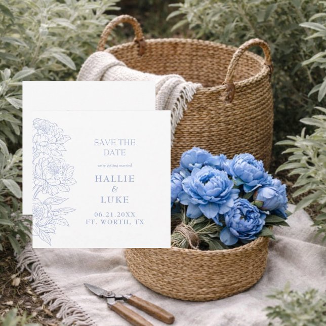 Periwinkle Blue Peony Wedding Square Save the Date Einladung (Von Creator hochgeladen)