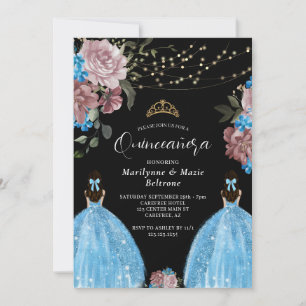 Periwinkle Blue Princess Floral Twins Quinceañera Einladung
