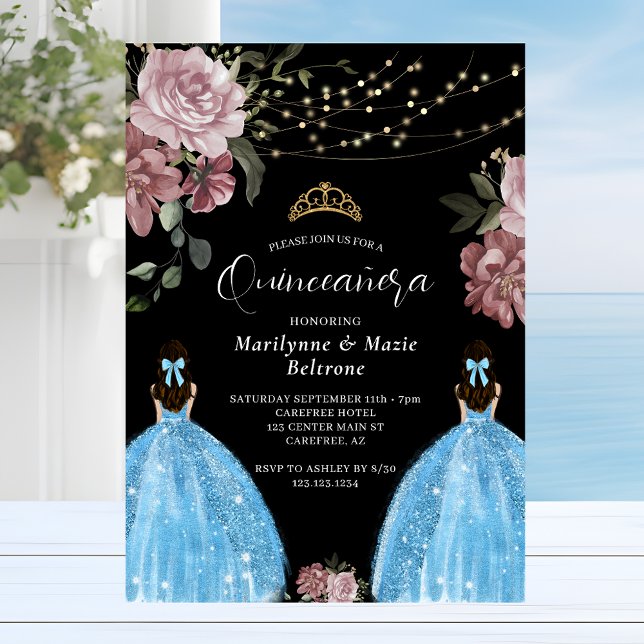 Periwinkle Blue Princess Floral Twins Quinceañera Einladung (Von Creator hochgeladen)