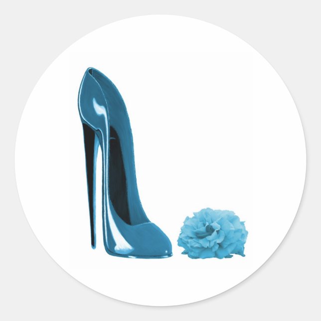 Periwinkle Blue Stiletto Shoe und Rose Runder Aufkleber (Vorderseite)