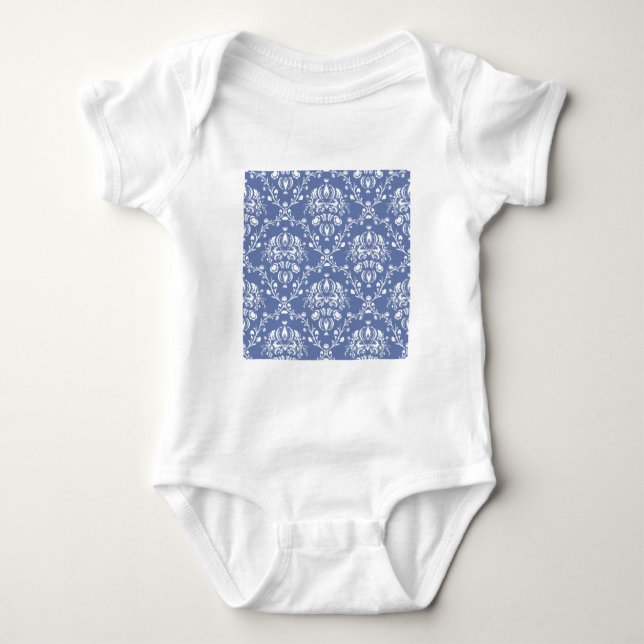 Periwinkle Blue und White Damask Baby Strampler (Vorderseite)