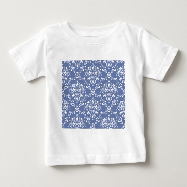 Periwinkle Blue und White Damask Baby T-shirt (Vorderseite)