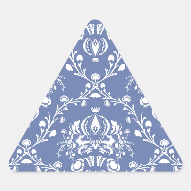 Periwinkle Blue und White Damask Dreieckiger Aufkleber (Vorderseite)