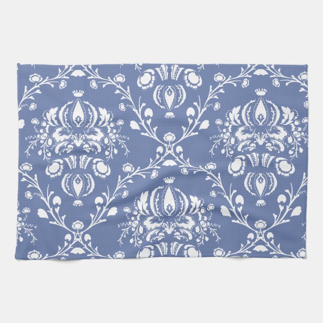 Periwinkle Blue und White Damask Handtuch (Horizontal)