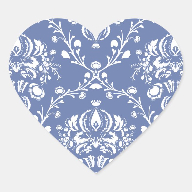 Periwinkle Blue und White Damask Herz-Aufkleber (Vorderseite)