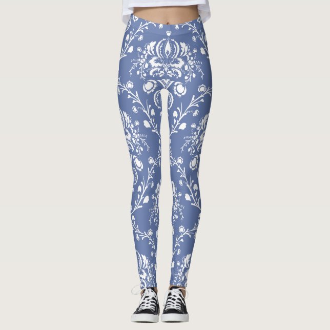 Periwinkle Blue und White Damask Leggings (Vorderseite)