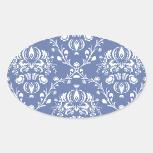 Periwinkle Blue und White Damask Ovaler Aufkleber