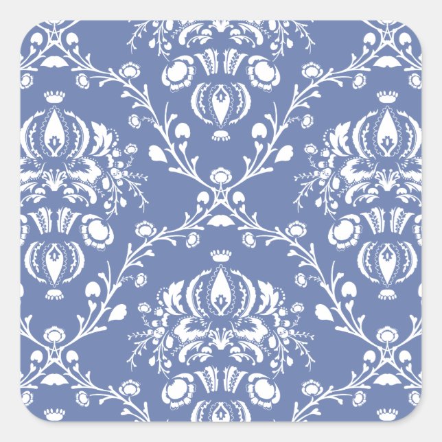 Periwinkle Blue und White Damask Quadratischer Aufkleber (Vorderseite)