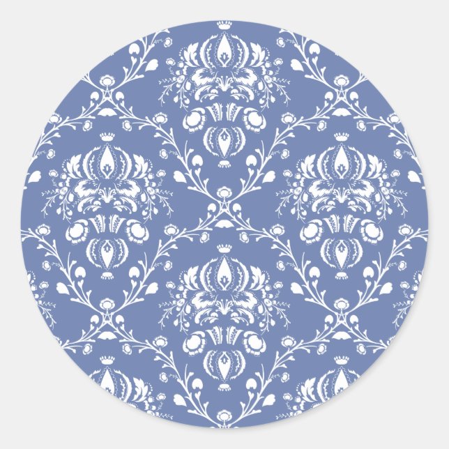 Periwinkle Blue und White Damask Runder Aufkleber (Vorderseite)