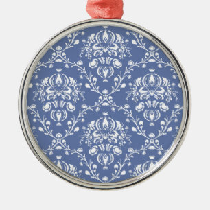 Periwinkle Blue und White Damask Silbernes Ornament