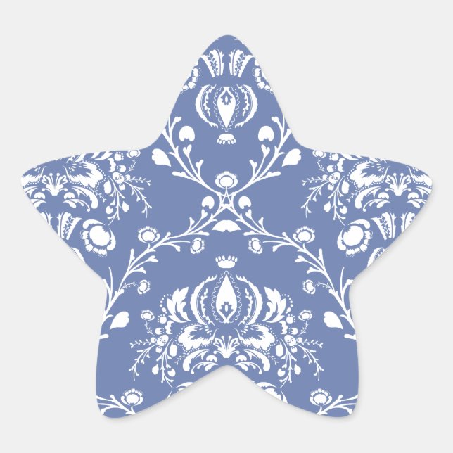 Periwinkle Blue und White Damask Stern-Aufkleber (Vorderseite)