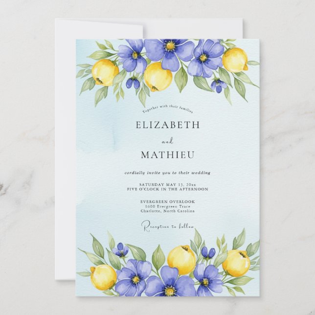 Periwinkle Blue Vibrant Citrus Wedding Einladung (Vorderseite)