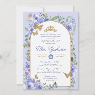 Periwinkle Blue Watercolor Golden Butterfly Quince Einladung