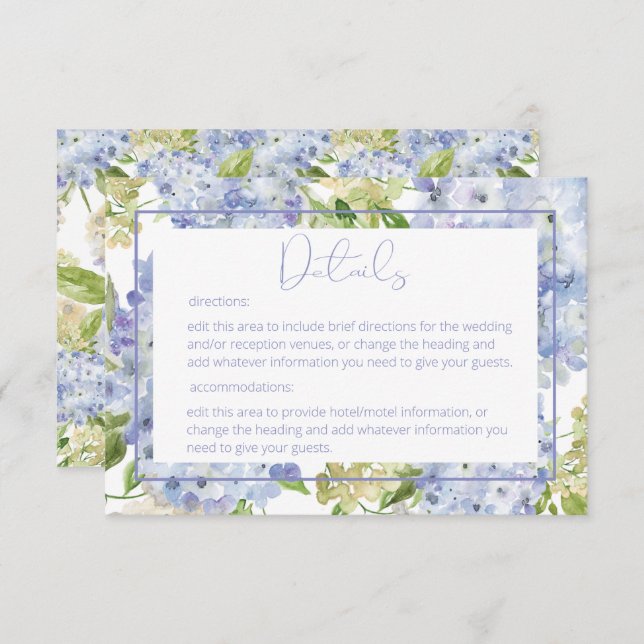 Periwinkle Blue White Hydrangea Details Hochzeit Begleitkarte (Vorne/Hinten)