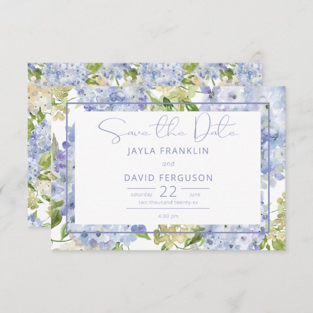 Periwinkle Blue White Hydrangea Wedding Save The Date (Vorne/Hinten)