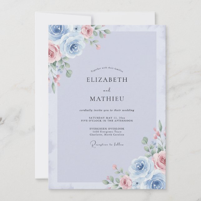 Periwinkle-Blush-Pfingstrosen-Hochzeit Einladung (Vorderseite)