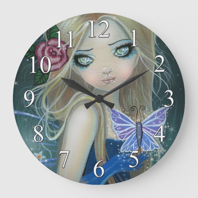 Periwinkle Butterfly Faiasy Fantasy Art Clock Große Wanduhr (Vorderseite)