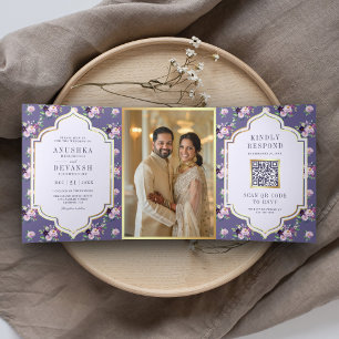 Periwinkle Floral Muster QR Code Indian Wedding Dreifach Gefaltete Einladung