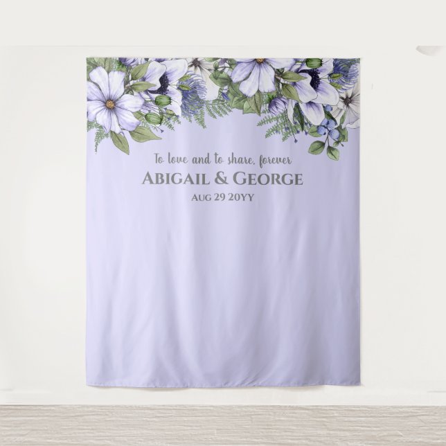 Periwinkle Florals Lilac Foto Hintergrund Hochzeit Wandteppich (Vorderseite)