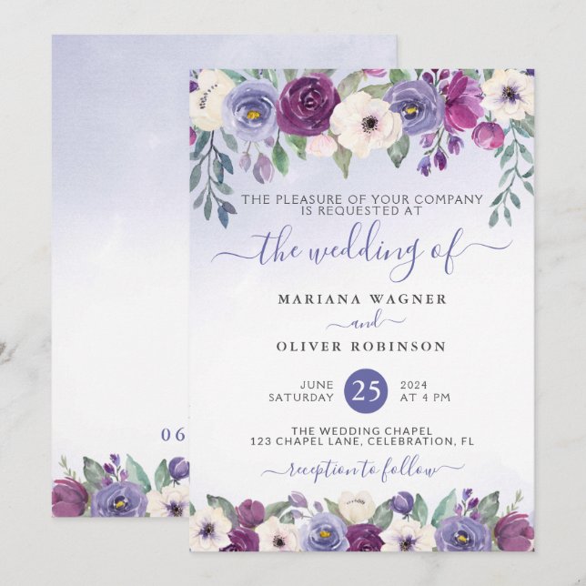 Periwinkle Fuchsia Blush Wasserfarbenblühende Hoch Einladung (Vorne/Hinten)