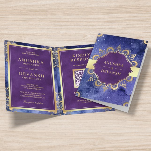 Periwinkle Galaxy Mandala QR Code Indian Wedding Einladung (Von Creator hochgeladen)