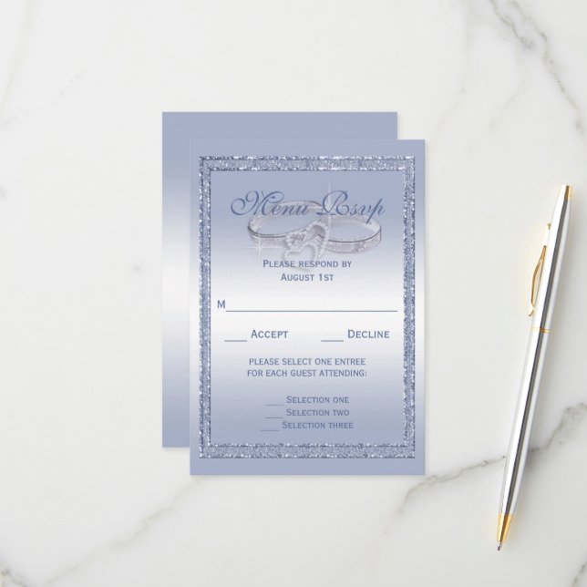 Periwinkle Glitzer, Silver Wedding Rings Menu RSVP Karte (Vorderseite/Rückseite Beispiel)
