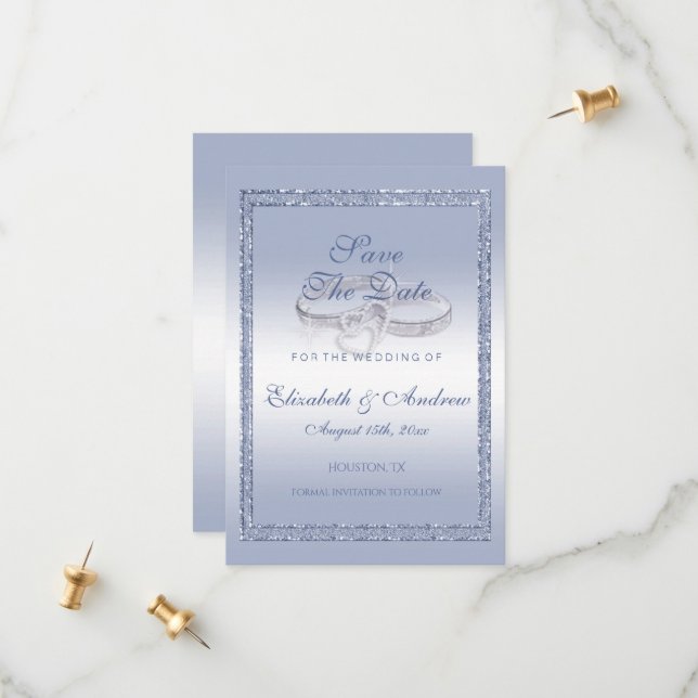 Periwinkle Glitzer & Silver Wedding Rings Save The Date (Vorderseite/Rückseite Beispiel)