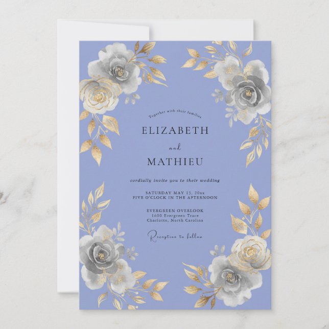 Periwinkle Gold Gemalte Hochzeit Einladung (Vorderseite)