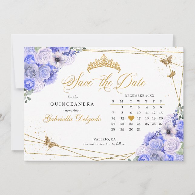 Periwinkle & Gold Quinceñera Save the Date Einladung (Vorderseite)