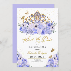Periwinkle & Gold Tiara Save the Date Quinceañera Einladung