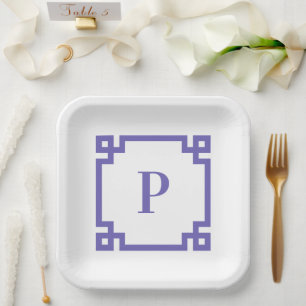 Periwinkle griechisches Monogramm für die Schlüsse Pappteller
