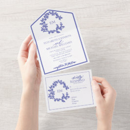 Periwinkle Leafy Wappen Monogram Wedding All In One Einladung