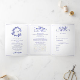Periwinkle Leafy Wappen Monogram Wedding Dreifach Gefaltete Einladung