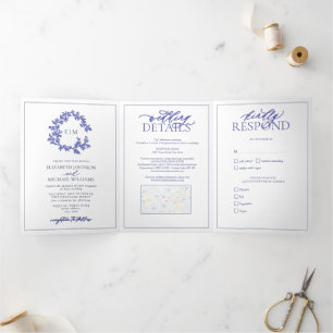 Periwinkle Leafy Wappen Monogram Wedding Dreifach Gefaltete Einladung