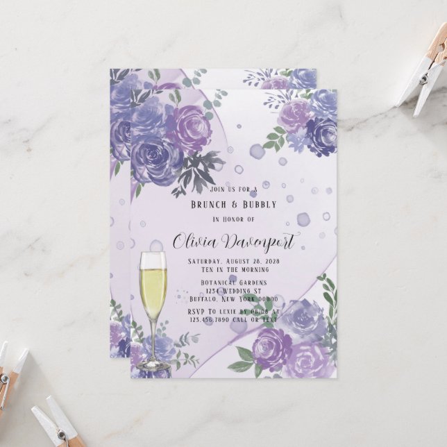 Periwinkle Lila Peony Brunch & Bubbly Einladung (Vorderseite/Rückseite Beispiel)