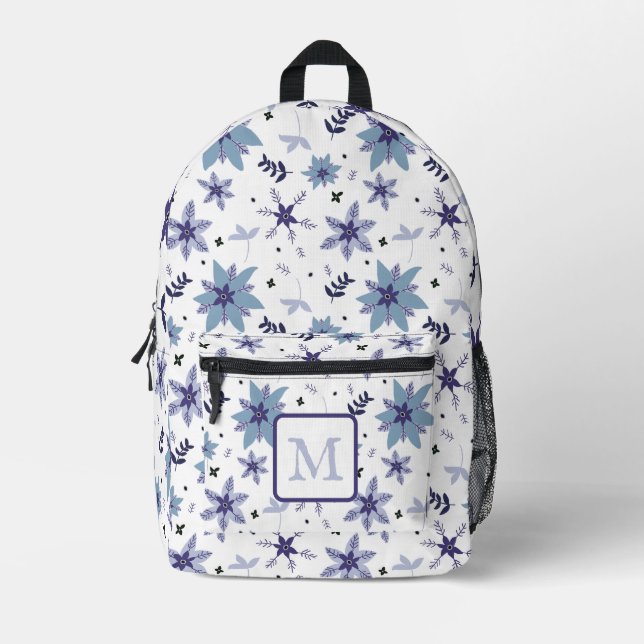 Periwinkle Monogram Florals Bedruckter Rucksack (Vorderseite)